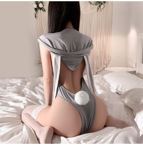 FEE ET MOI - Cute Bunny Hooded Open Back Bodysuit With Stockings (Grey)